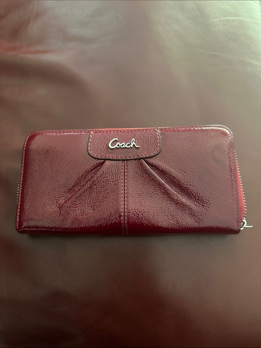 Vintage Coach Glossy Patent Zip-Around Wallet in Deep Burgundy